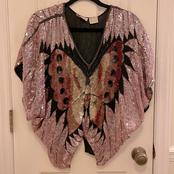 70s 80s Sequin Butterfly Top Size X Excellent Condition - Picture 2 of 4